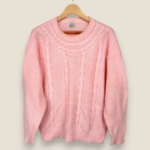 Vintage Alicia Cable Knit Sweater Women Large Pink Crew Neck Cozy Pullover